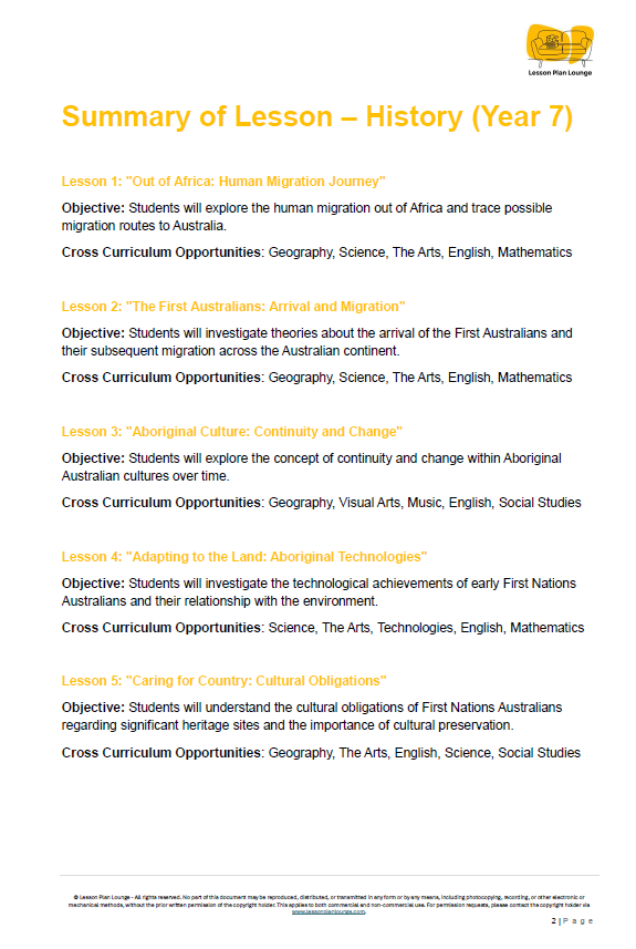 Summary of Lesson - History (Year 7) document with objectives and cross-curriculum opportunities listed.