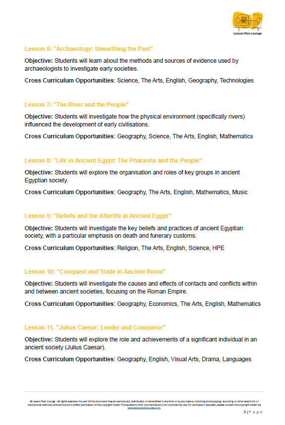 Educational lesson plan with objectives and cross-curricular opportunities for early civilizations.