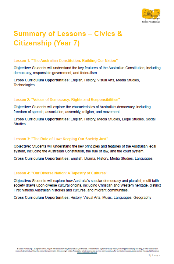 Summary of lessons for Civics & Citizenship Year 7 with objectives and cross-curricular opportunities listed.