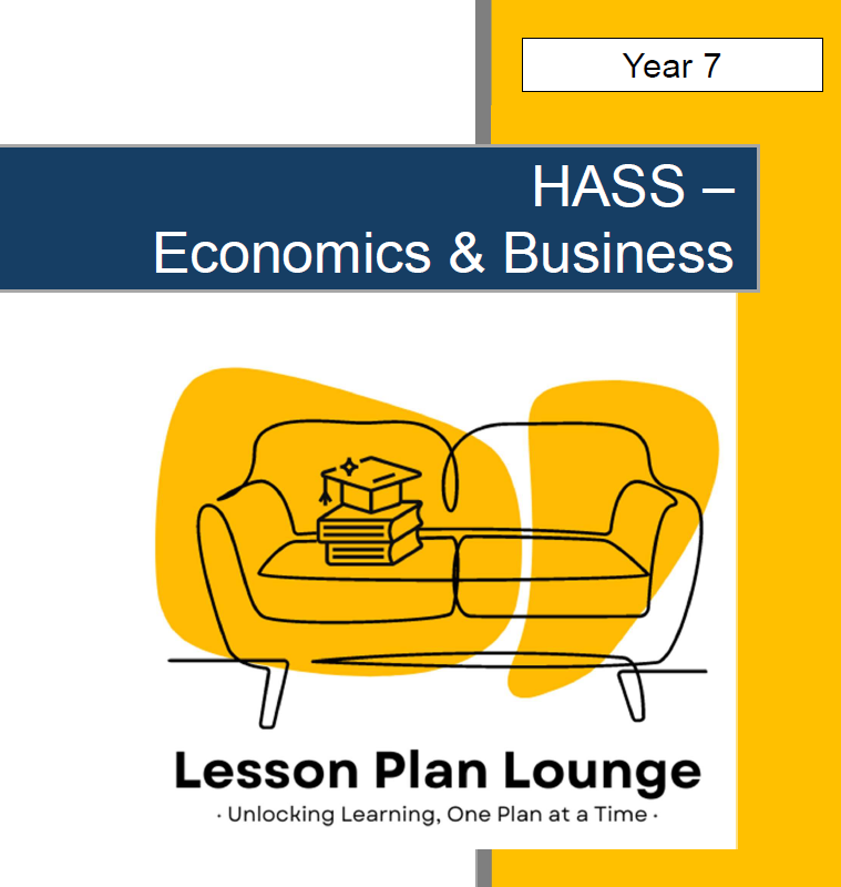 Cover of a book or resource for HASS Economics & Business with a yellow couch and books illustration.