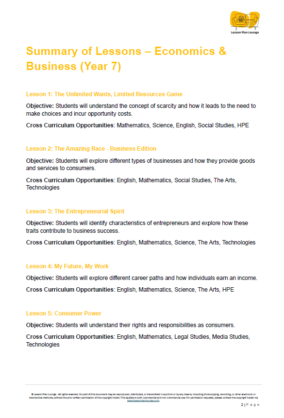 Summary of lessons on economics and business for Year 7 students, with a focus on cross-curricular opportunities.