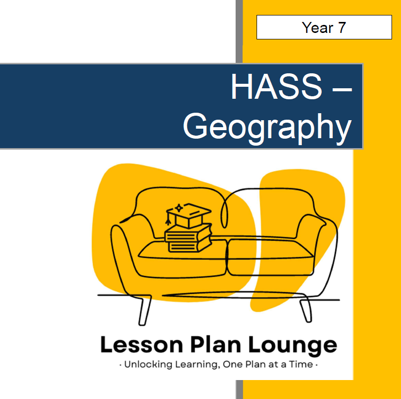 Cover of a geography lesson plan book titled 'HASS Geography' with a couch and books illustration.