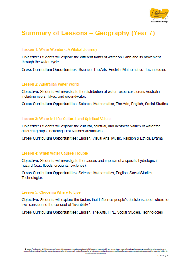 Summary of Geography lessons for Year 7 students with objectives and cross-curricular opportunities listed.