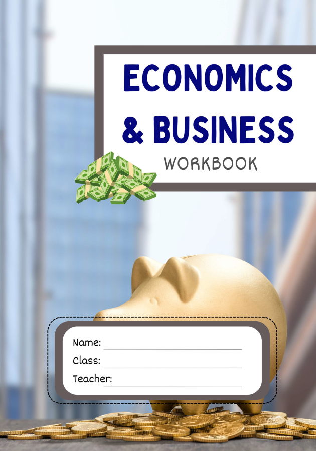 Economics and Business workbook cover with piggy bank and money stack on a blurred cityscape background
