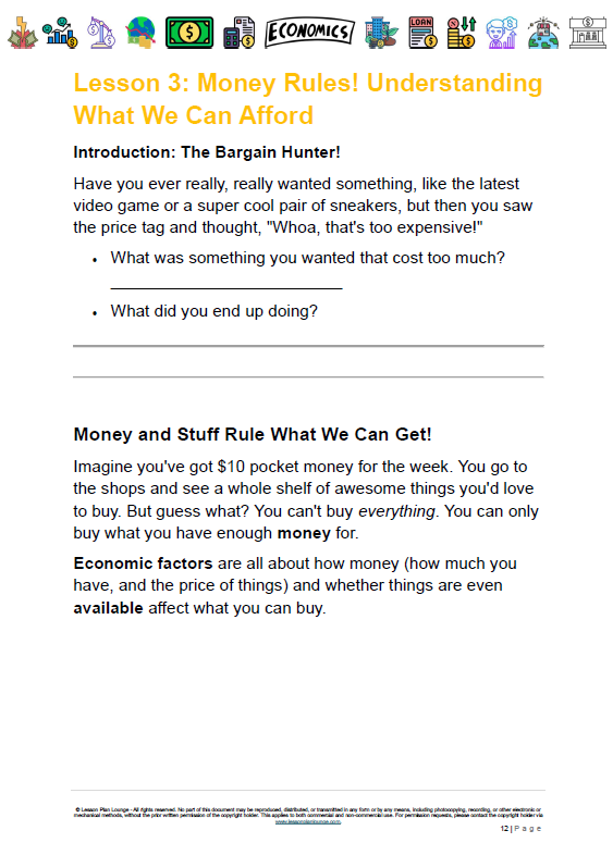 Educational worksheet on money rules and affordability with text and icons.