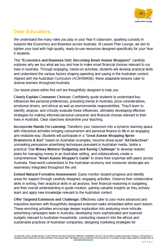 Promotional document for educational resources on Economics and Business for Year 6 students, featuring text and logos.