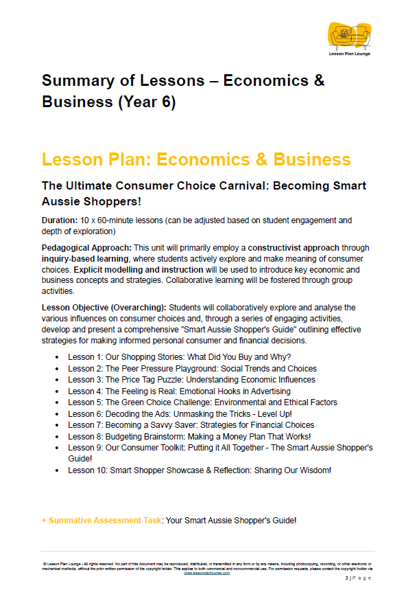 Lesson plan summary for Economics & Business in Year 6 with a focus on consumer choice.