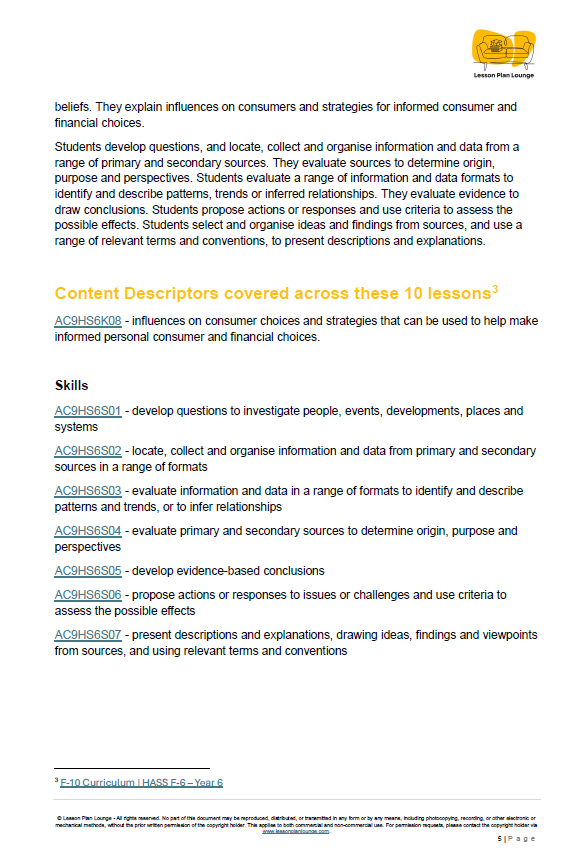 Educational document on consumer and financial choices with text and logos.