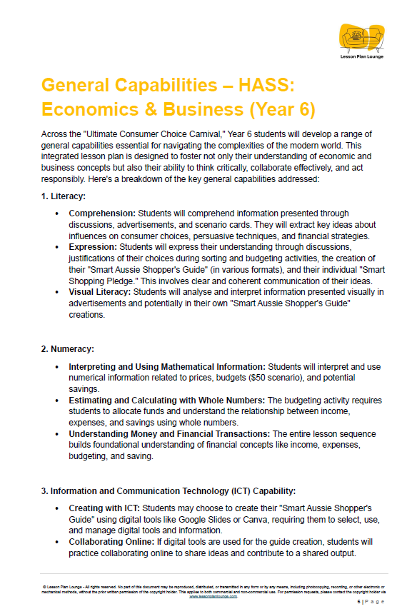 Overview on General Capabilities - HASS: Economics & Business for Year 6 students.