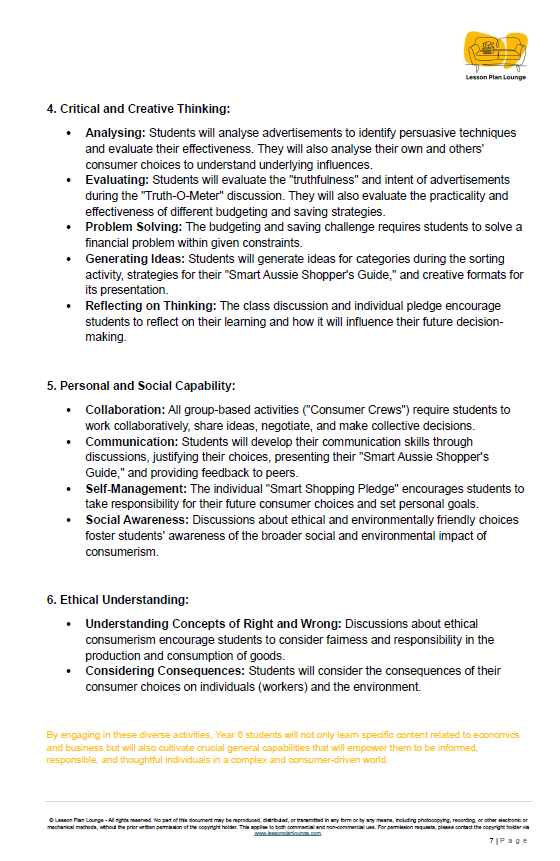 Educational document on critical and creative thinking, personal and social capability, ethical understanding, and consumerism.