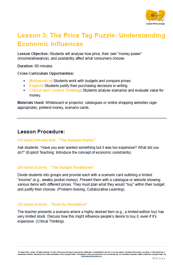 Educational lesson plan titled 'The Price Tag Puzzle: Understanding Economic Influences' with objectives, duration, and materials listed.