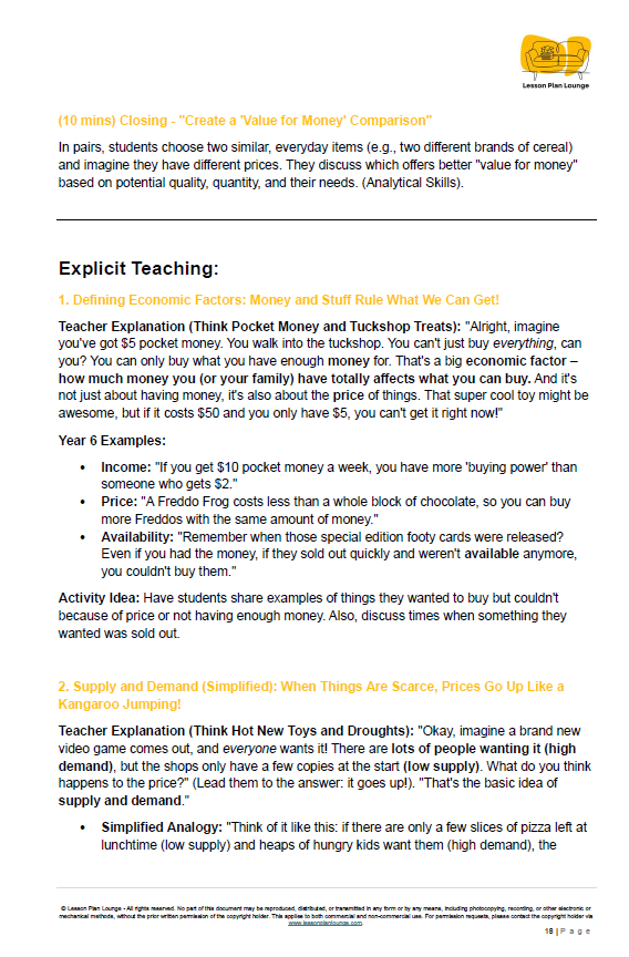 Educational document on value for money with text and lesson plan lounge logo at the top.