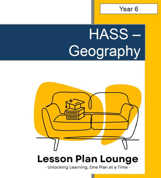Cover of a geography lesson plan bundle for Year 6 with a yellow couch and books illustration.