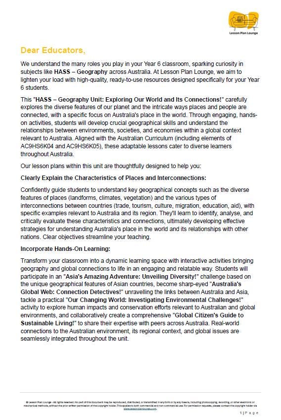 Educational document for Year 6 educators on Geography across Australia