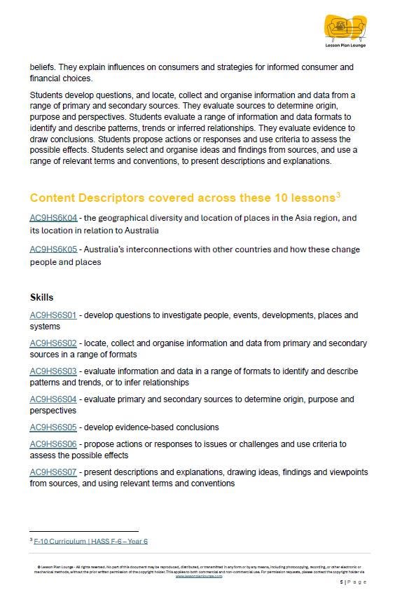 Educational document with content descriptors and skills related to geography and Australia's interconnections.