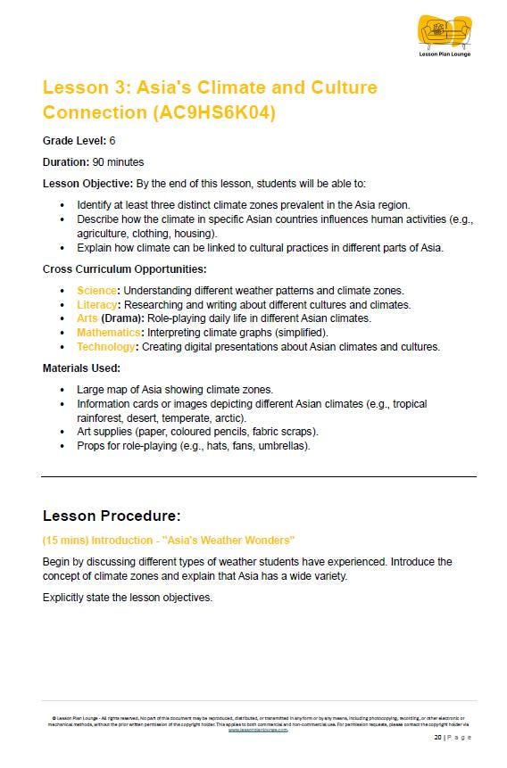 Educational lesson plan on Asia's climate and culture connection for grade 6 students.