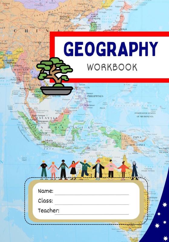 Geography workbook cover with world map and children holding hands