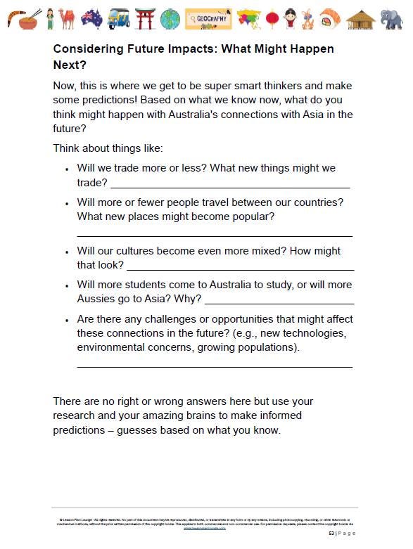 Worksheet titled 'Considering Future Impacts: What Might Happen Next?' with prompts for predicting future connections between Australia and Asia.