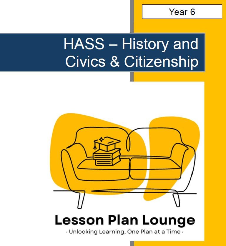 Cover of a lesson plan unit titled 'HASS - History and Civics & Citizenship' by Lesson Plan Lounge with a yellow couch illustration.