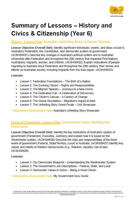 Summary of Lessons for History and Civics & Citizenship Year 6, with text and logos on a white background