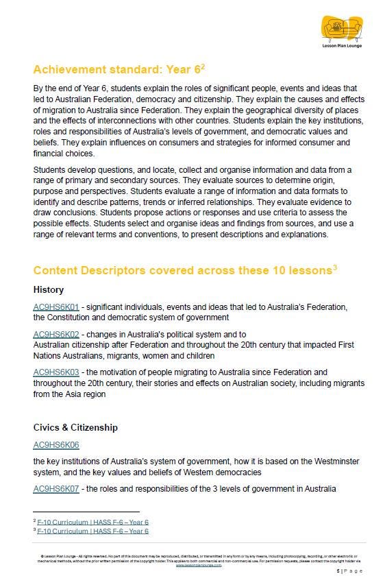Educational document detailing achievement standards for Year 6 students on Australian Federation, democracy, and citizenship.