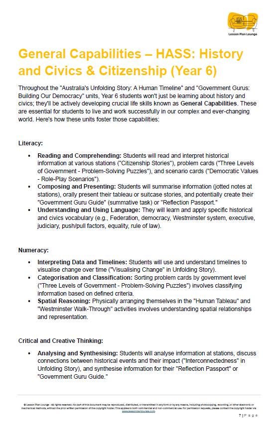 Educational document on General Capabilities for History and Civics & Citizenship in Year 6, Australia.