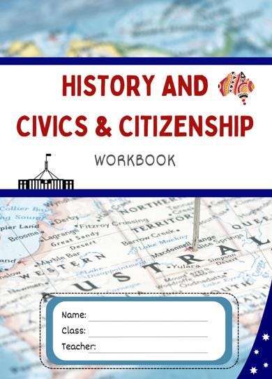 Workbook cover for 'History and Civics & Citizenship' with a map of Australia and a flag.
