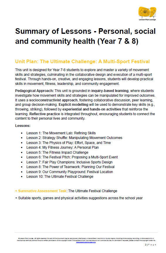 Summary of lessons on personal, social, and community health for Year 7 & 8 students, focusing on a multi-sport festival unit plan.