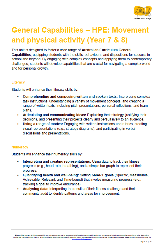 Educational document on General Capabilities for HPE, focusing on movement and physical activity for Year 7 & 8 students.