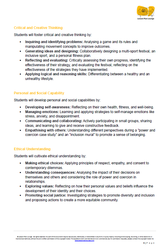 Educational document on critical and creative thinking, personal and social capabilities, and ethical understanding.