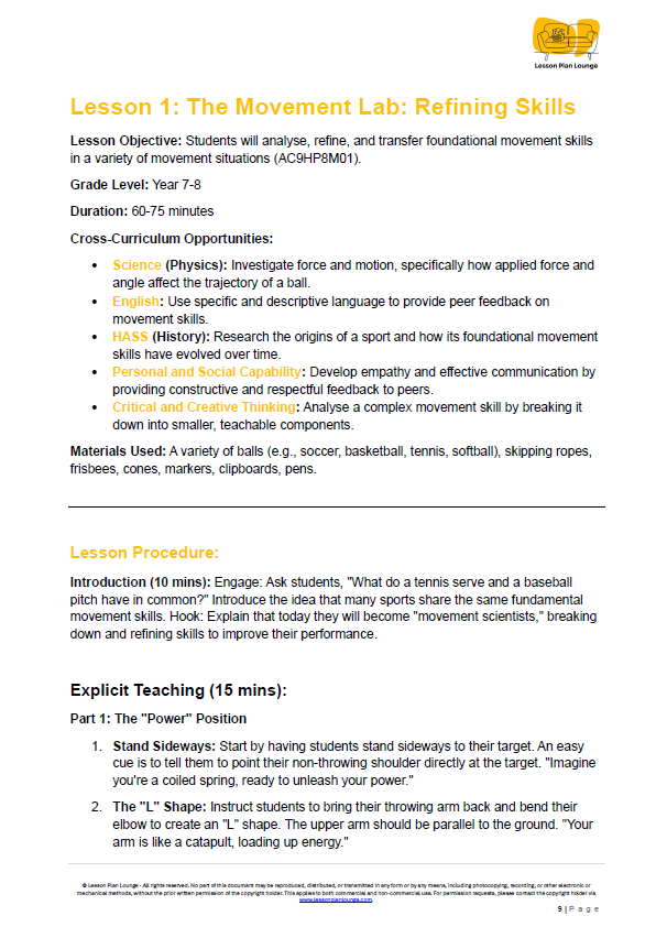 Lesson plan for 'The Movement Lab: Refining Skills' with objectives, duration, and materials listed.
