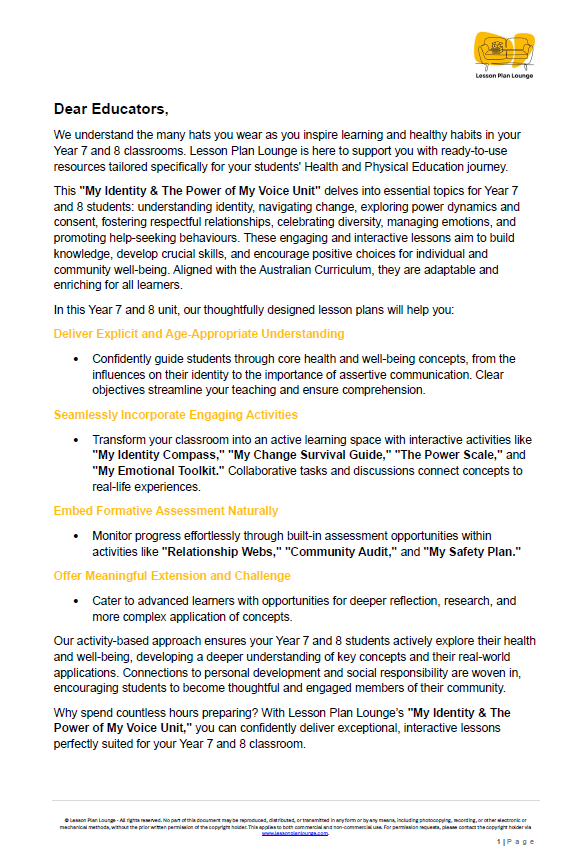 Lesson Plan Lounge document for Year 7 and 8 classrooms with educational content.