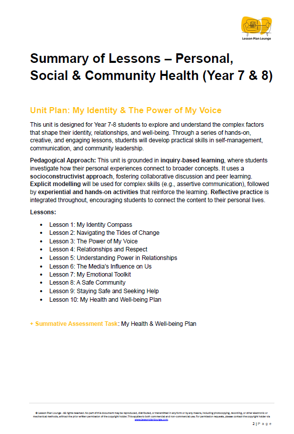 Summary of lessons for Personal, Social & Community Health unit plan on a white background