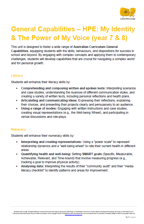 Educational document on General Capabilities HPE: My Identity & The Power of My Voice for years 7 & 8