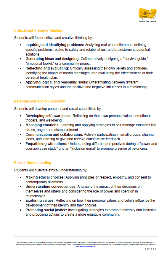 Educational document outlining critical and creative thinking, personal and social capabilities, and ethical understanding for students.