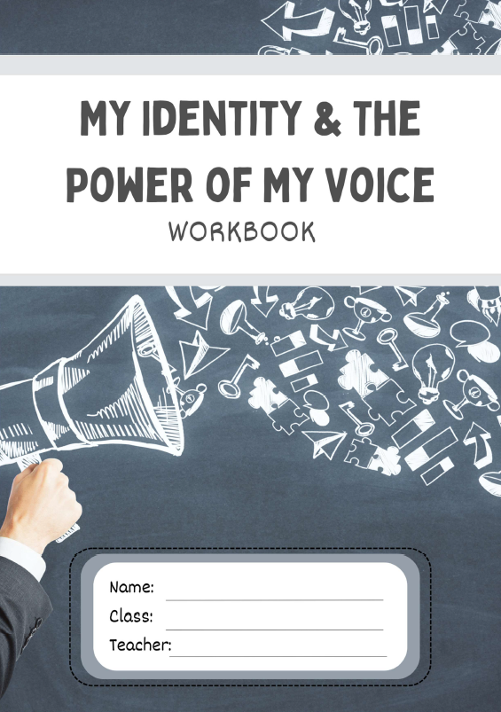 Workbook cover titled 'My Identity & The Power of My Voice' with a hand holding a megaphone and various icons on a blue background.
