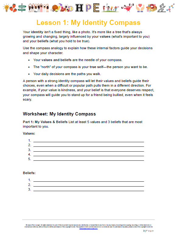 Worksheet titled 'My Identity Compass' with instructions and a价值观 and beliefs list section.