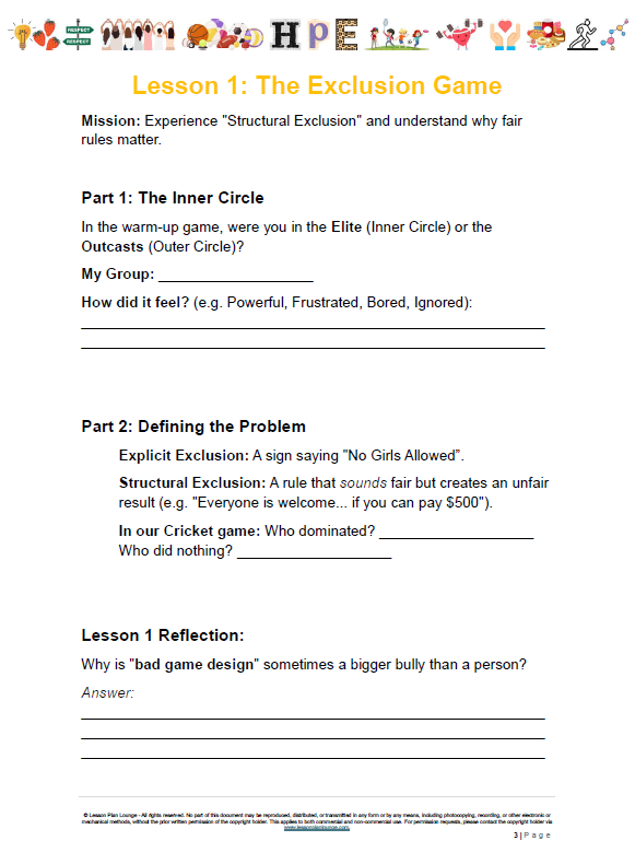 Educational worksheet titled 'The Exclusion Game' with questions and reflection prompts on a white background.