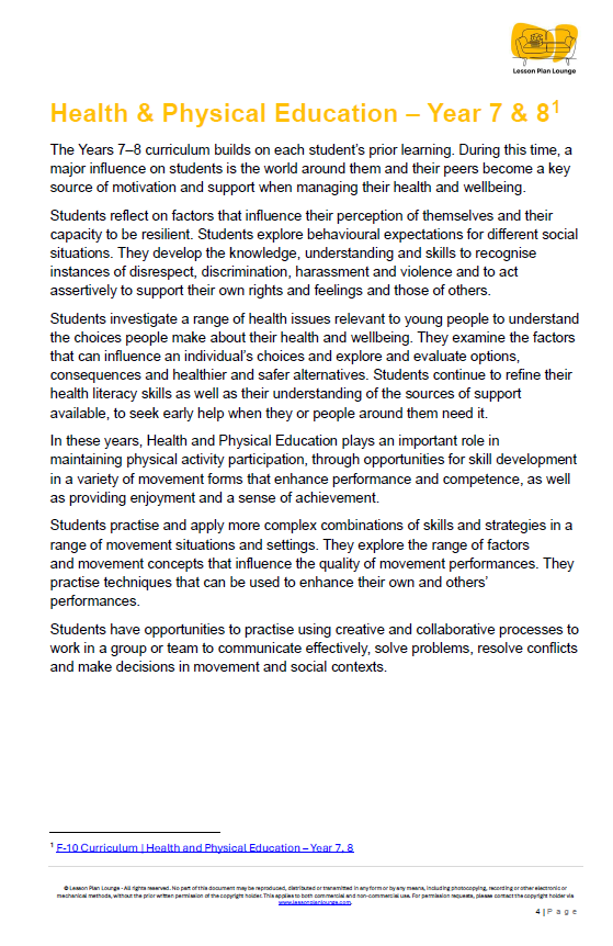Page from a curriculum document titled 'Health & Physical Education - Year 7 & 8' with text on a white background.
