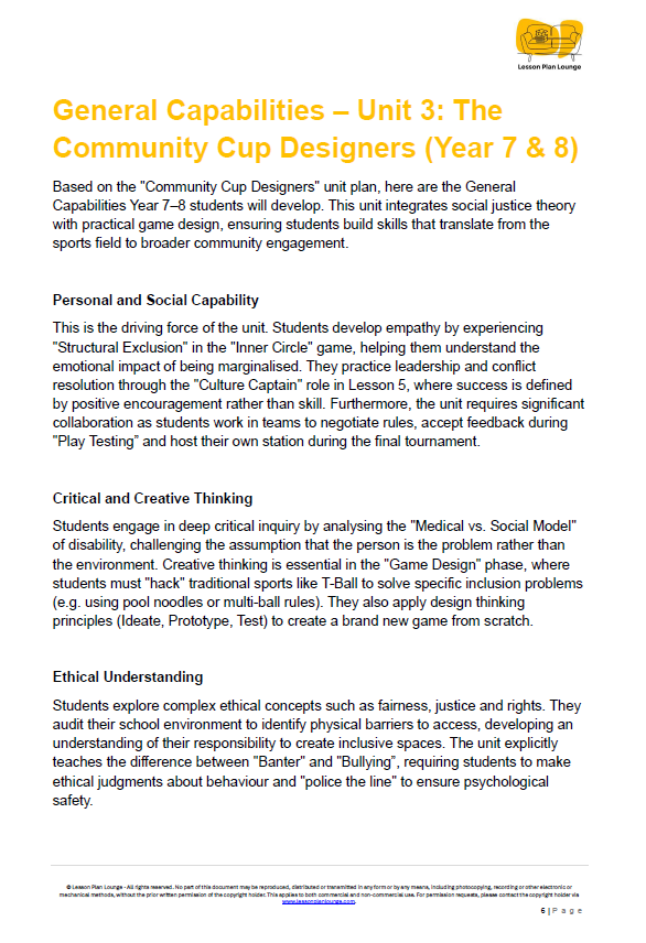 Educational document detailing a unit plan on General Capabilities for Year 7 & 8 students titled 'The Community Cup Designers'.