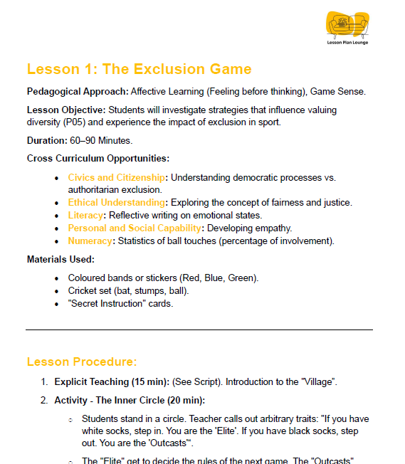 Lesson plan document titled 'The Exclusion Game' with educational objectives and procedures.