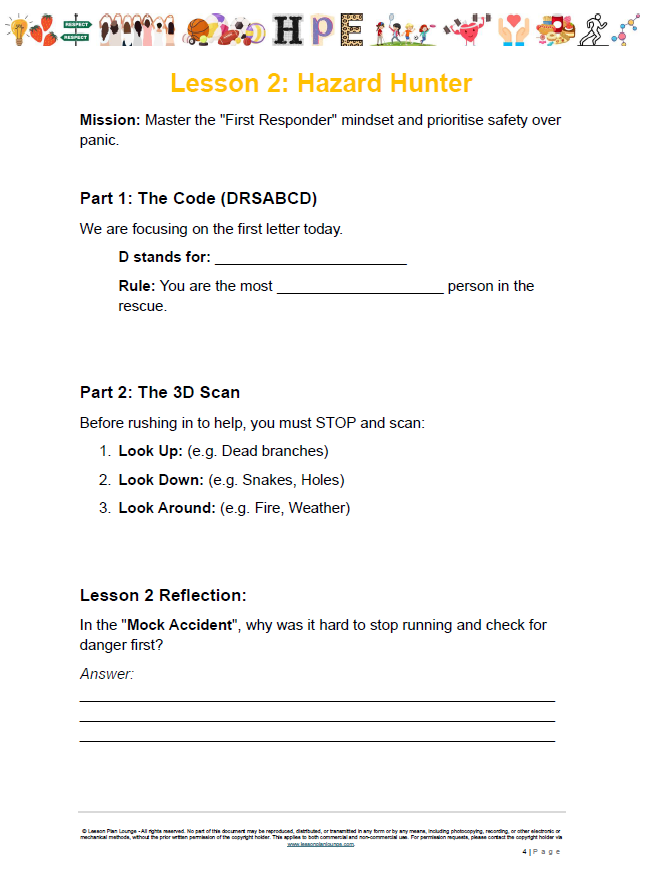 Educational worksheet titled 'Lesson 2: Hazard Hunter' with text and checkboxes on a white background.