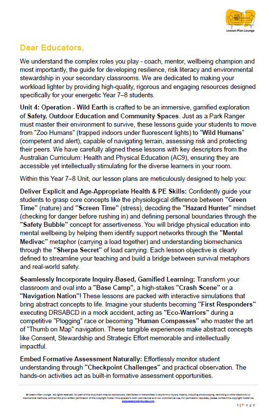 Educational document detailing a unit on safety, leadership, and wellbeing for Year 7-8 students.