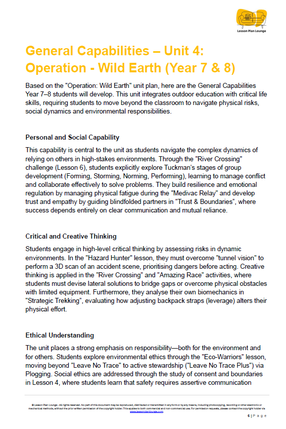 Educational document detailing General Capabilities Unit 4: Operation Wild Earth for Years 7 & 8 students.