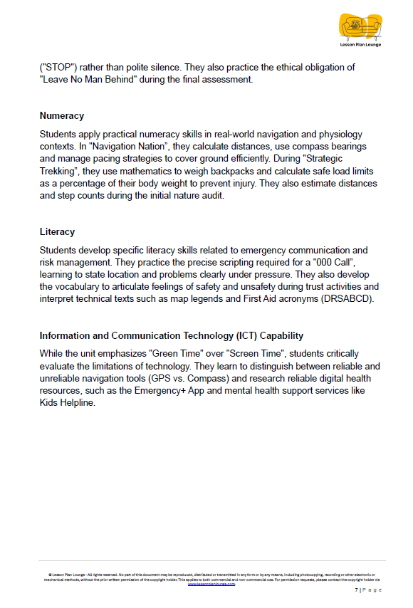 Educational text on navigation, literacy, and ICT skills with a logo at the top right corner.