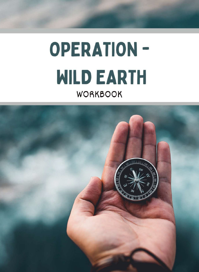 Hand holding a compass with 'Operation Wild Earth Workbook' text overlay on a blurred natural background