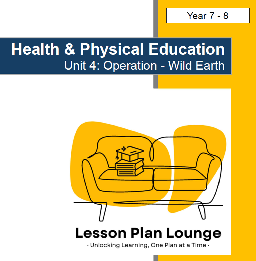 Cover of a Health & Physical Education lesson plan for Year 7-8 with a yellow couch illustration and 'Lesson Plan Lounge' branding.