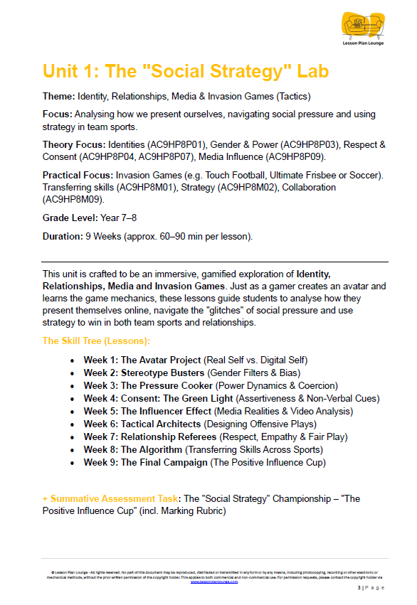 Unit 1: The 'Social Strategy' Lab document with title and details on a white background