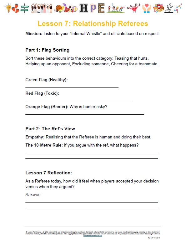 Worksheet titled 'Lesson 7: Relationship Referees' with educational content on respect and empathy for referees.