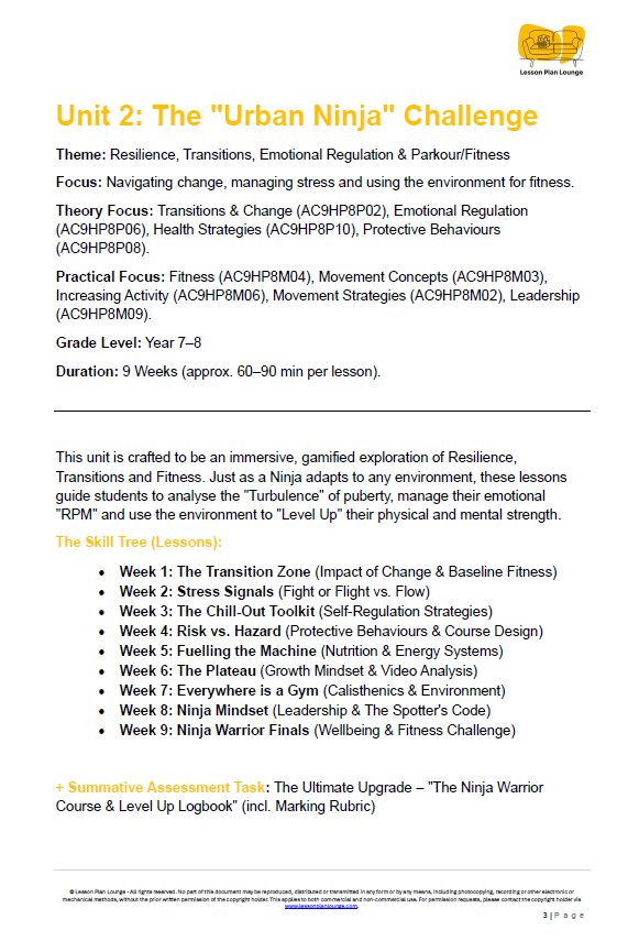 Educational unit plan titled 'The Urban Ninja Challenge' with topics and objectives listed.